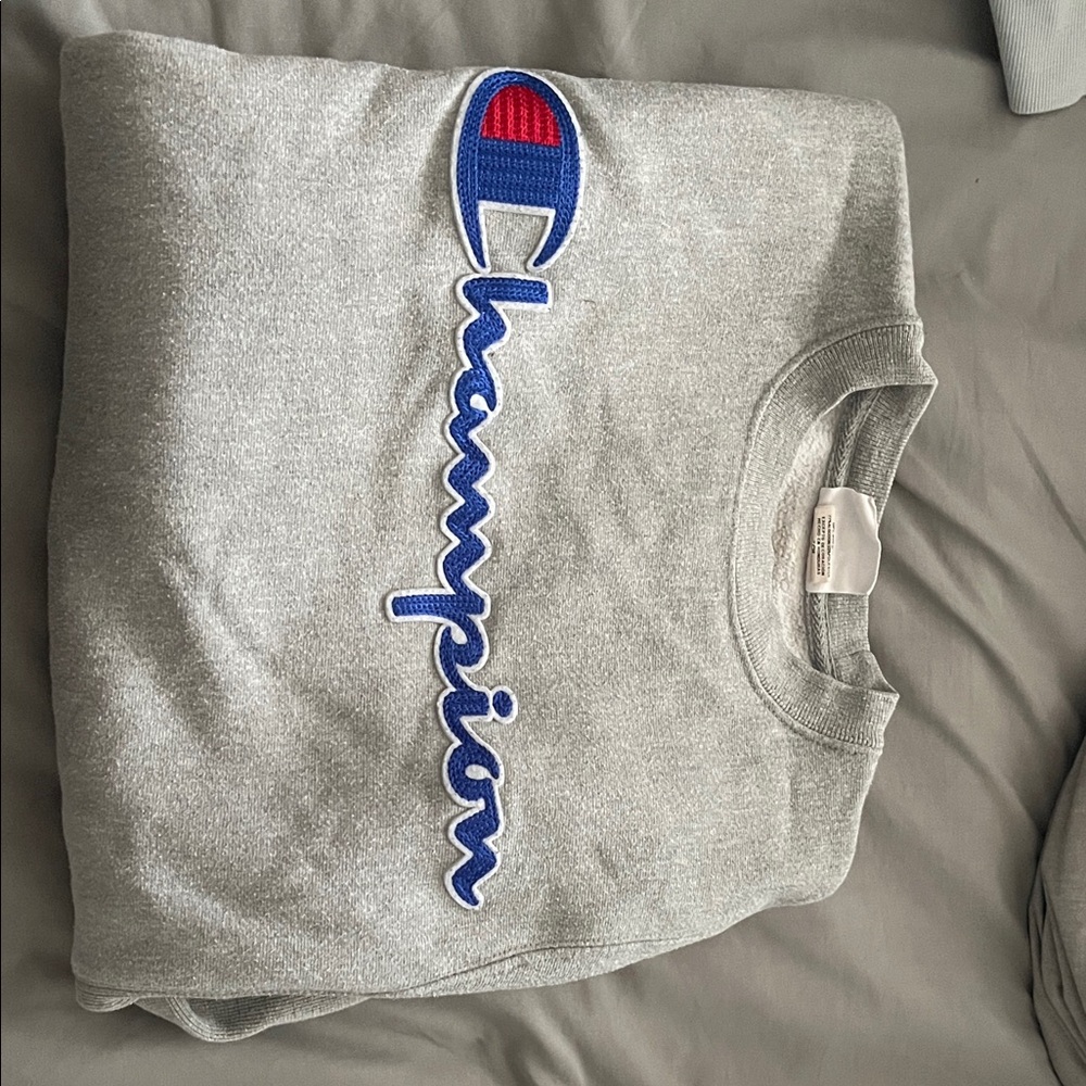 Champion Heather Gray Crewneck with Blue and Red Logo